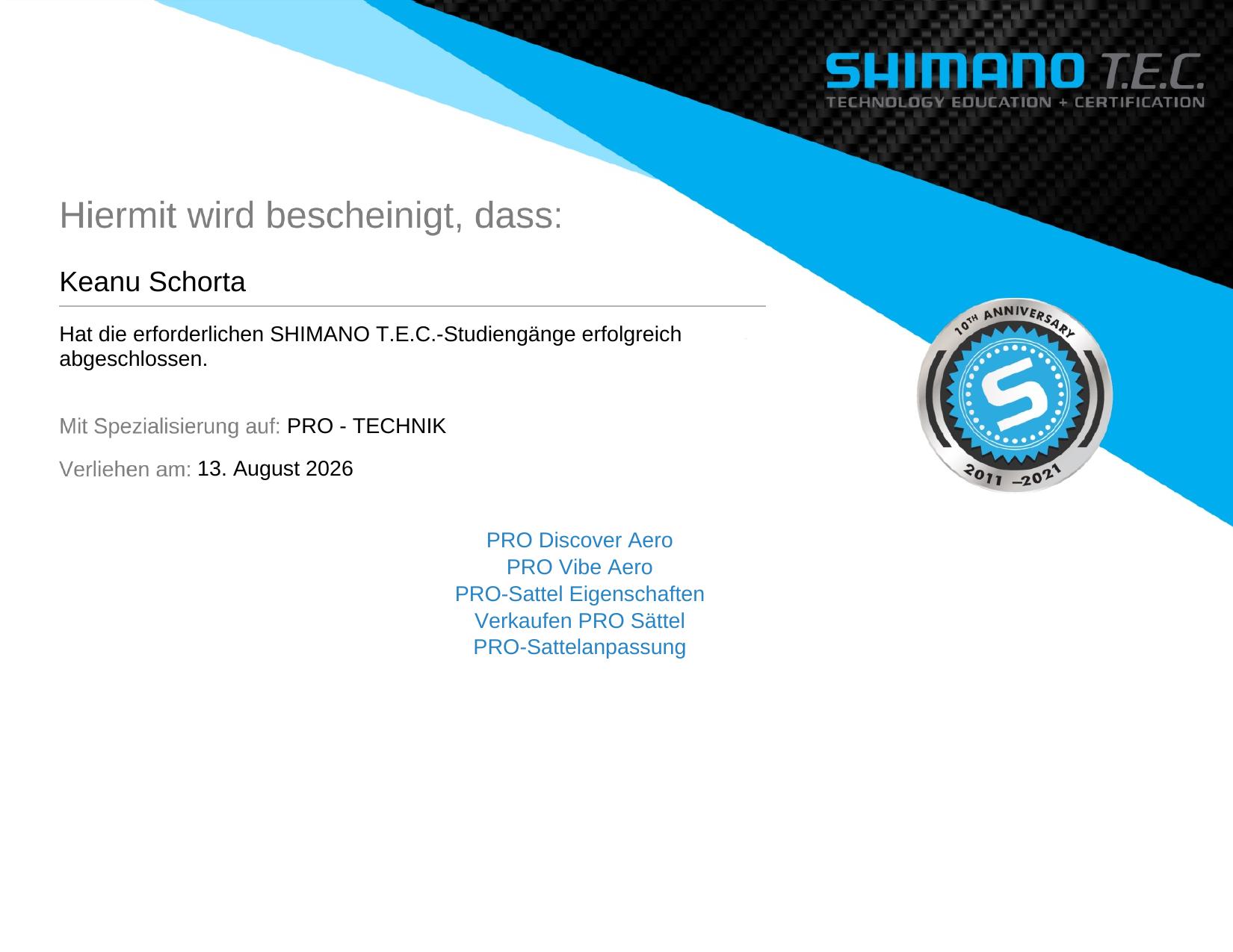 Shimano T.E.C. Zertifikat PRO Technik von VeloQuick