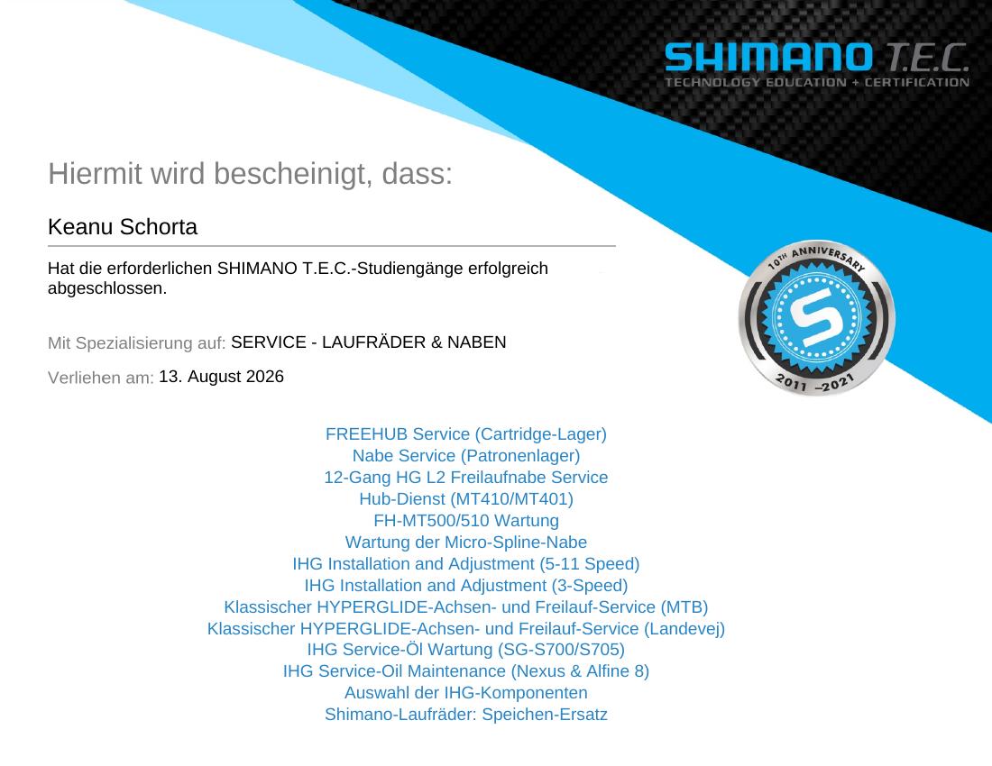 Shimano T.E.C. Zertifikat Service Laufräder und Naben von VeloQuick
