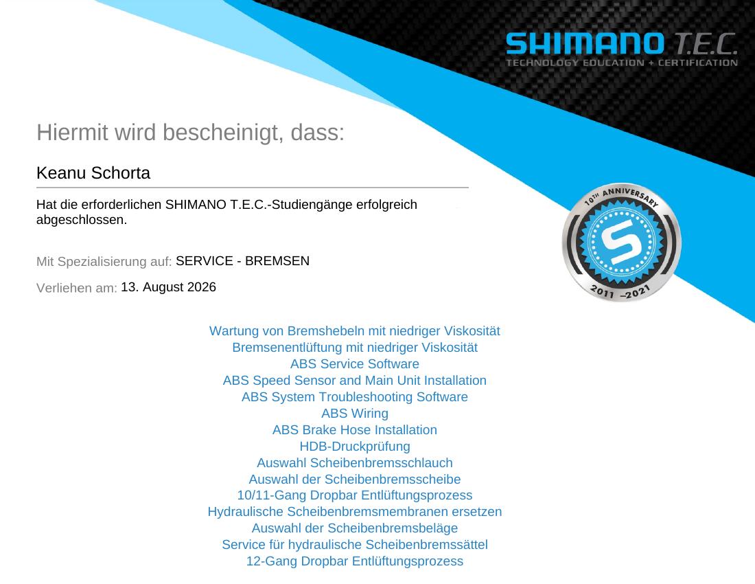 Shimano T.E.C. Zertifikat Service Bremsen von VeloQuick