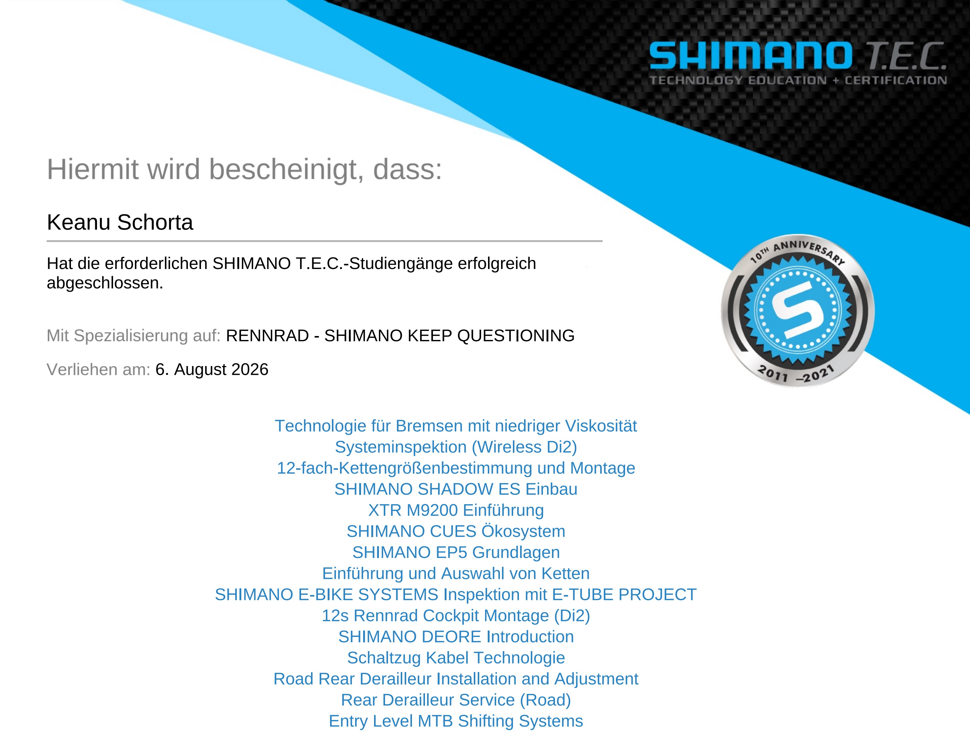 Shimano T.E.C. Zertifikat Keep Questioning Rennrad von VeloQuick