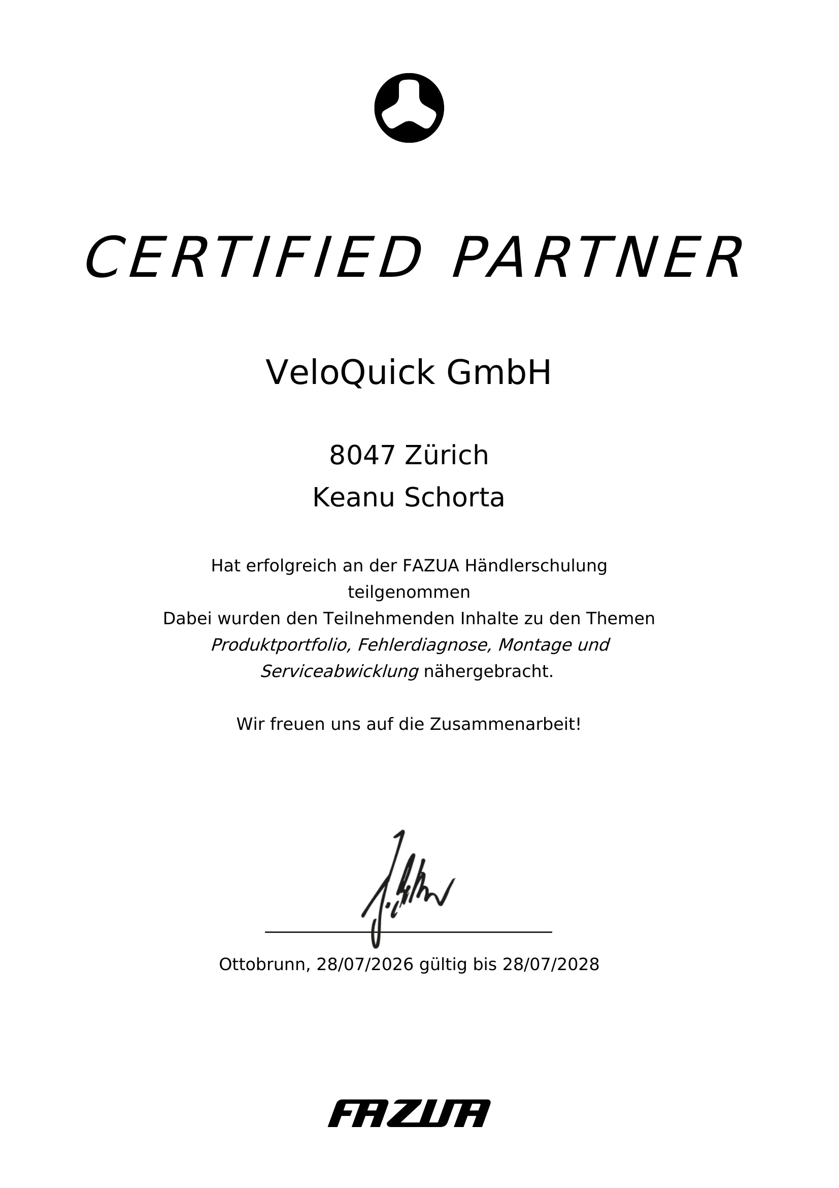FAZUA Händlerschulung Zertifikat von VeloQuick