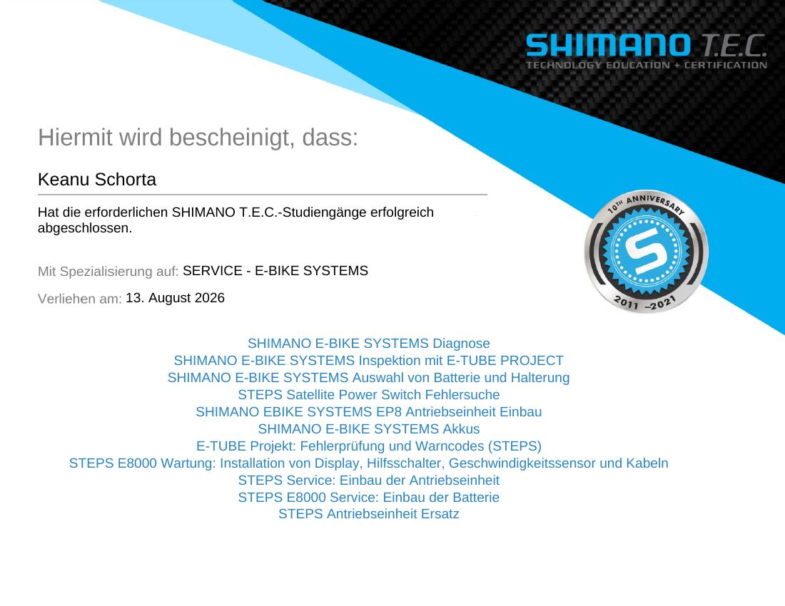 Shimano T.E.C. Zertifikat Service E-Bike Systems von VeloQuick
