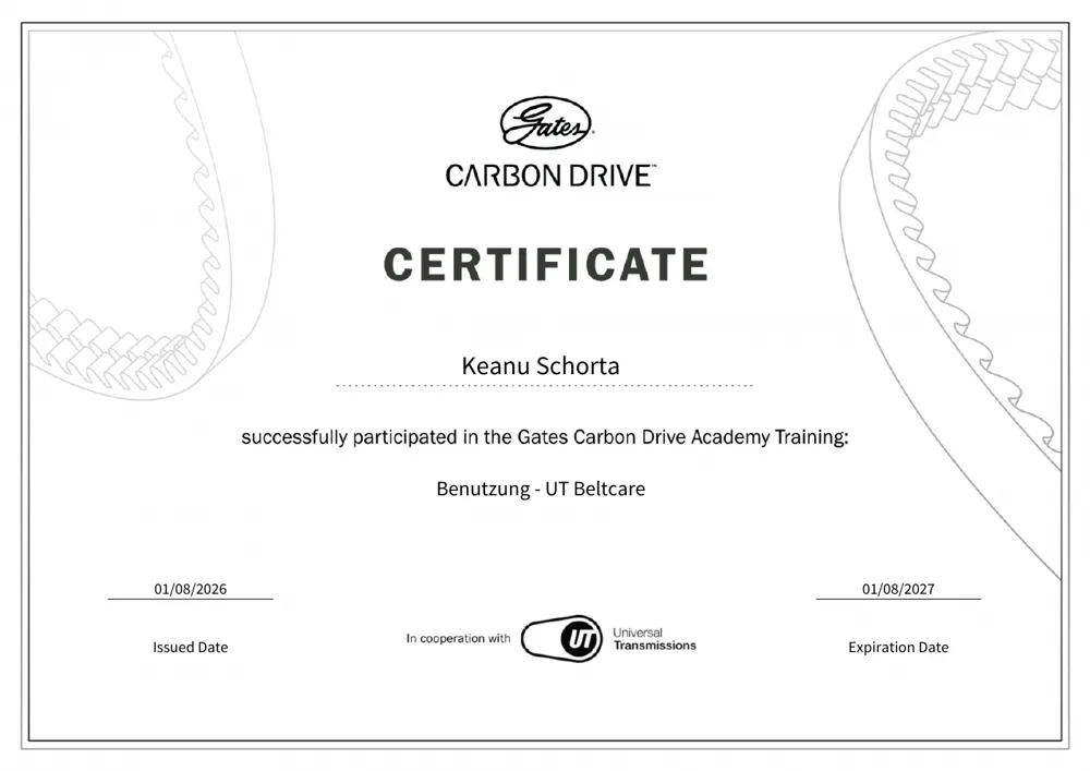 Gates Carbon Drive Academy Zertifikat UT Beltcare von VeloQuick