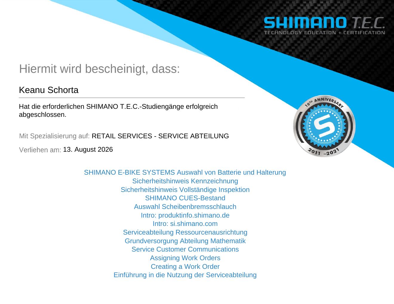 Shimano T.E.C. Zertifikat Retail Services Serviceabteilung von VeloQuick