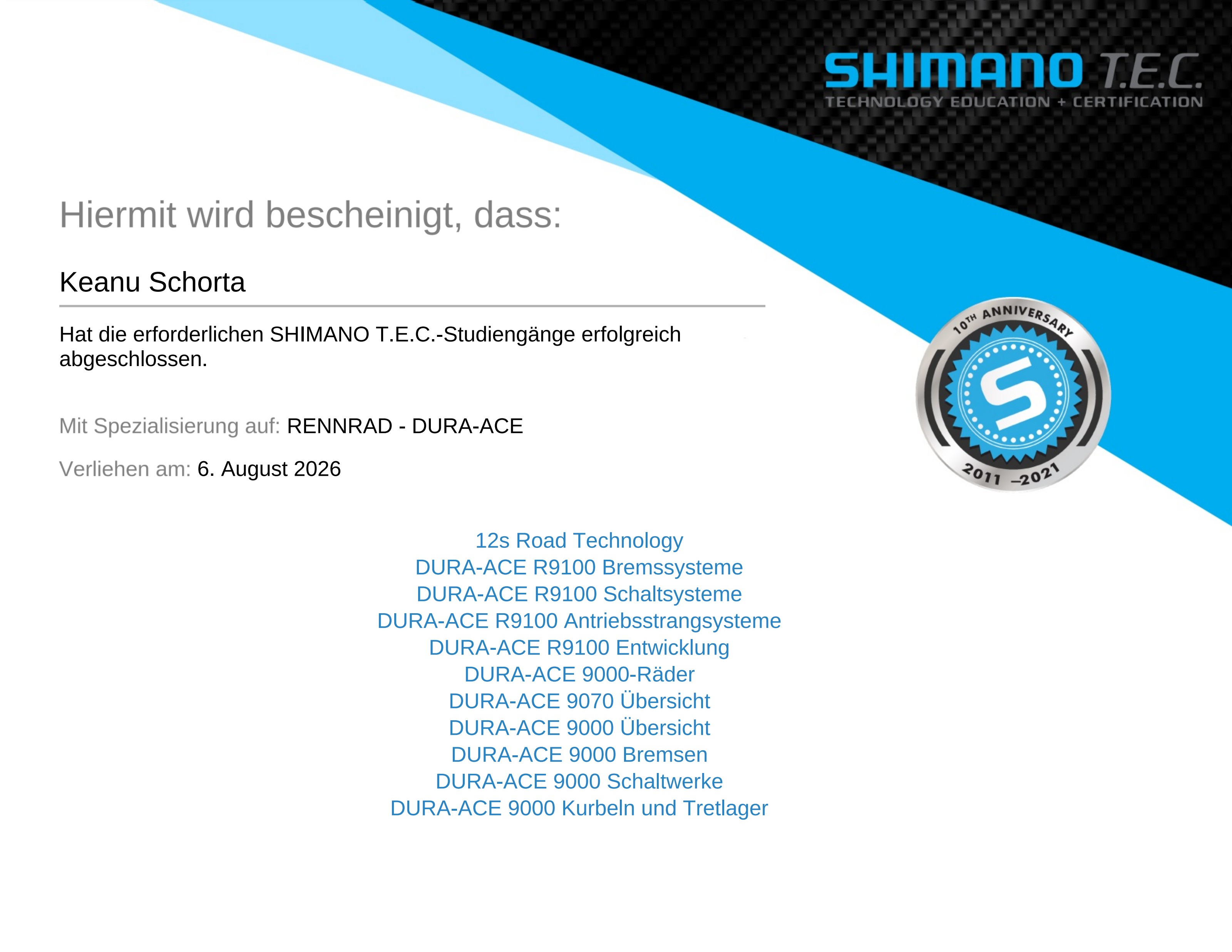 Shimano T.E.C. Zertifikat Rennrad DURA-ACE von VeloQuick