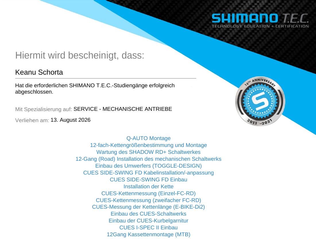 Shimano T.E.C. Zertifikat Service Mechanische Antriebe von VeloQuick