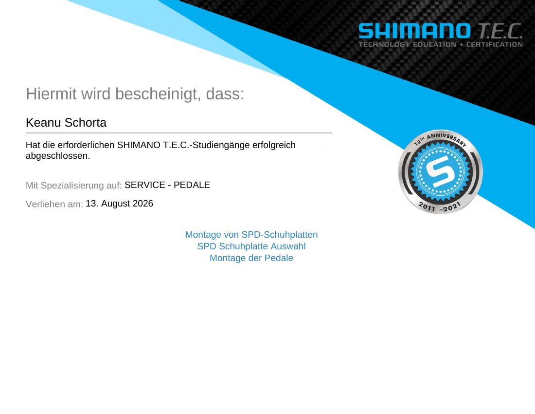 Shimano T.E.C. Zertifikat Service Pedale von VeloQuick