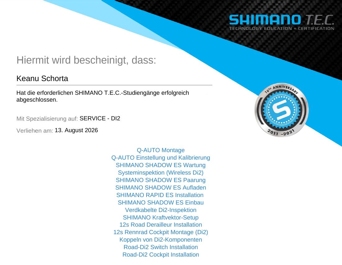 Shimano T.E.C. Zertifikat Service Di2 von VeloQuick
