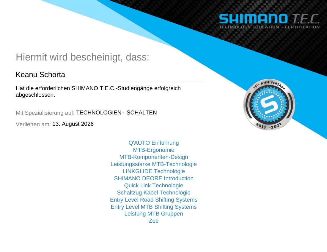 Shimano T.E.C. Zertifikat Technologien Schalten von VeloQuick