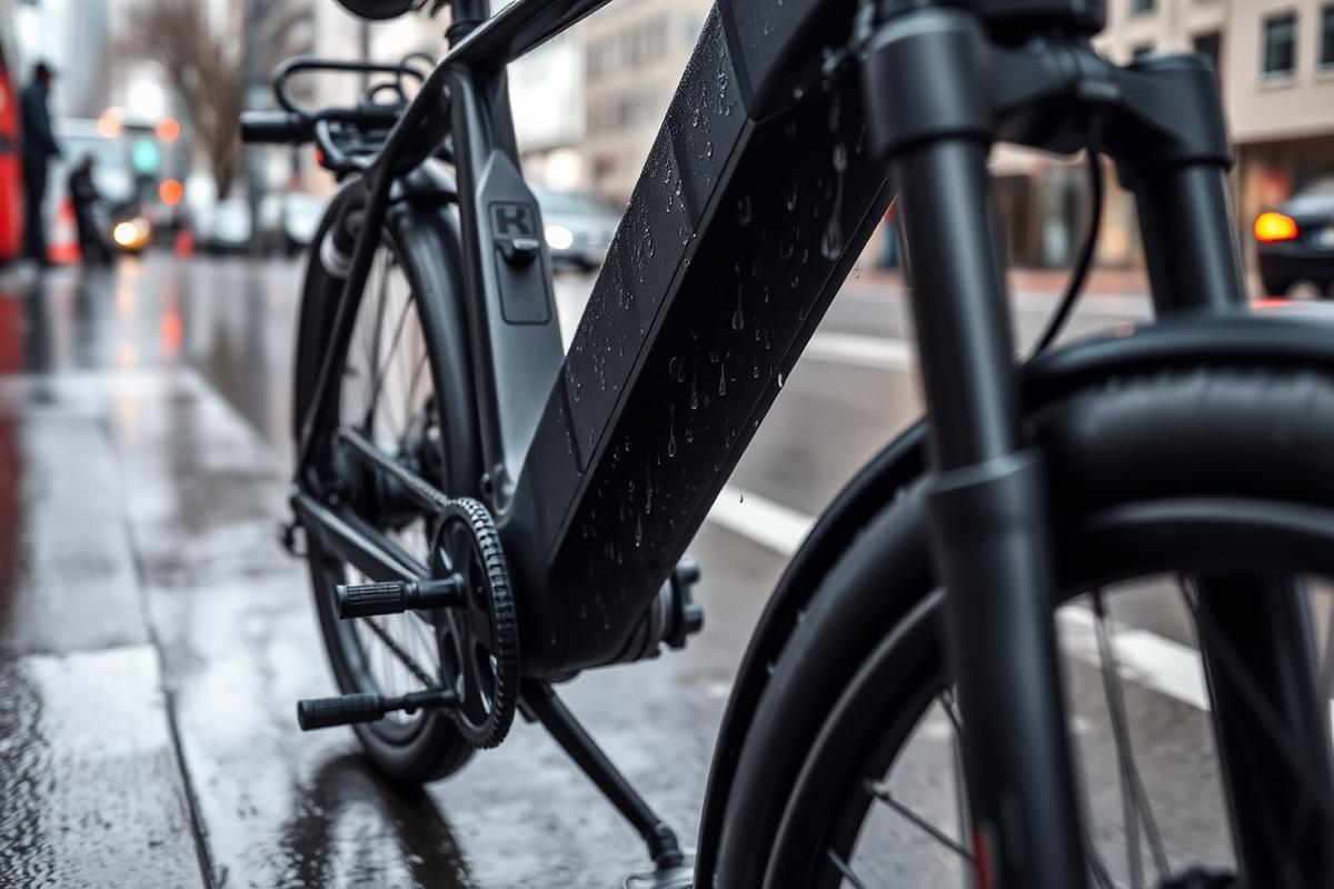 E-Bike mit Regentropfen auf Rahmen und Akku an einer nassen Strasse in Zürich