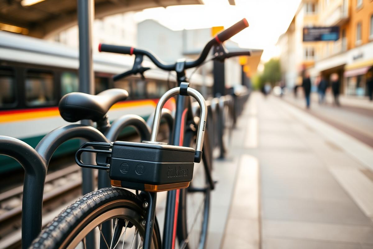 Velo mit Bügelschloss an einem Veloständer bei einem Bahnhof in Zürich angeschlossen