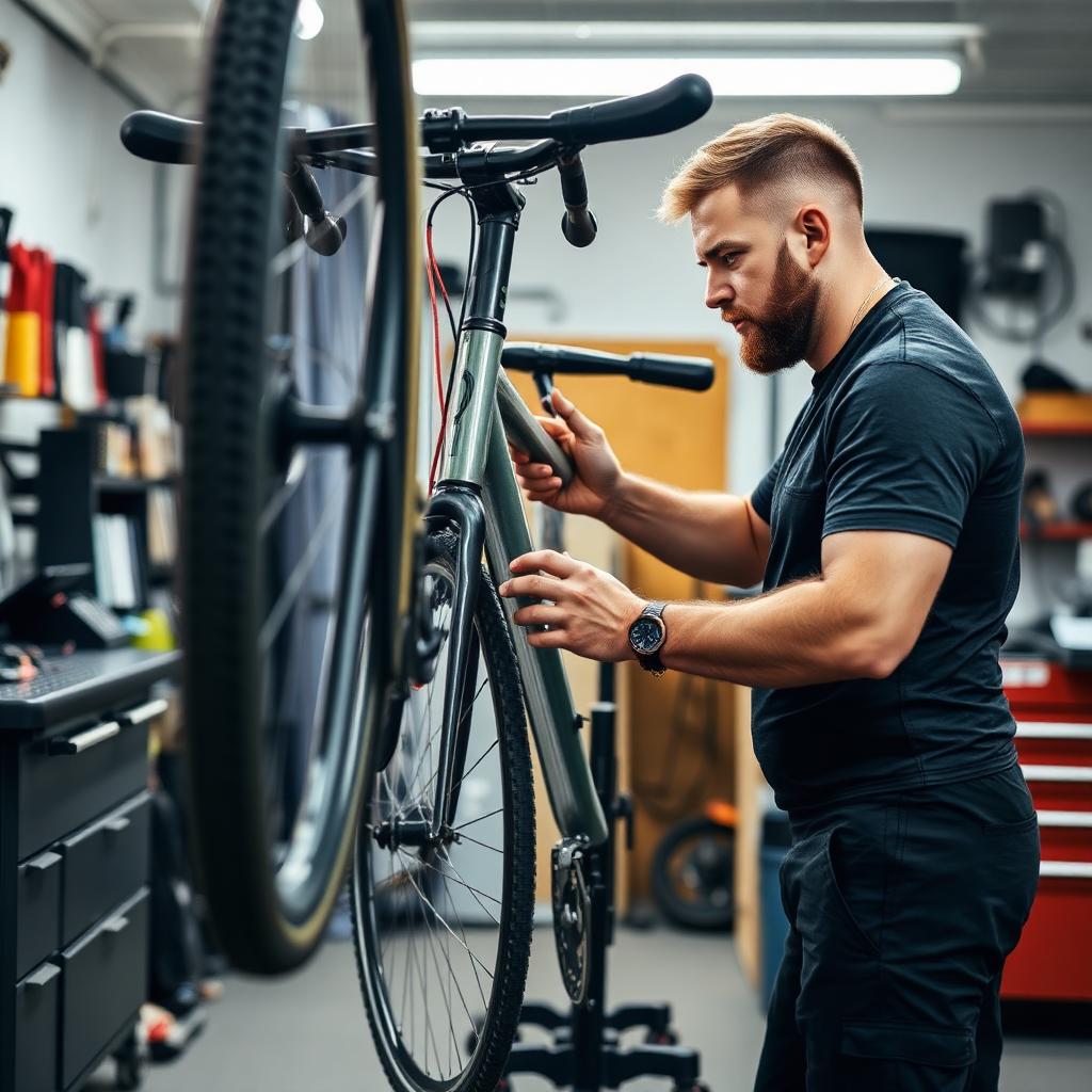 Velomechaniker prüft ein Velo in der Werkstatt – Service-Intervalle